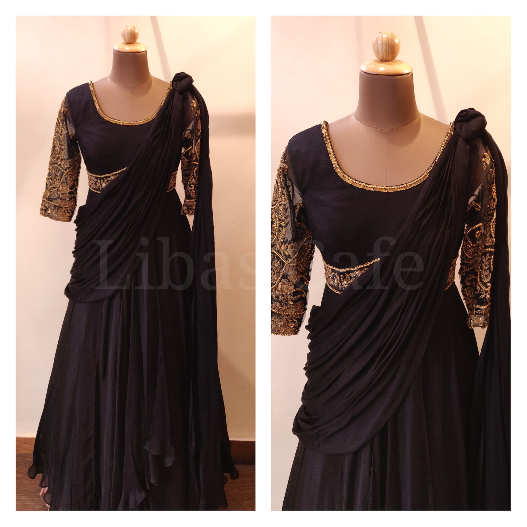 Black Drape Gown With Embroidered Belt And Sleeves